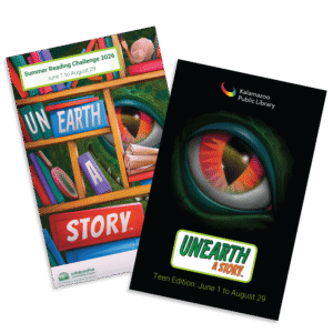 two summer reading challenge 2026 booklets. the booklet on the left is for young children, and the booklet on the right is for teens.