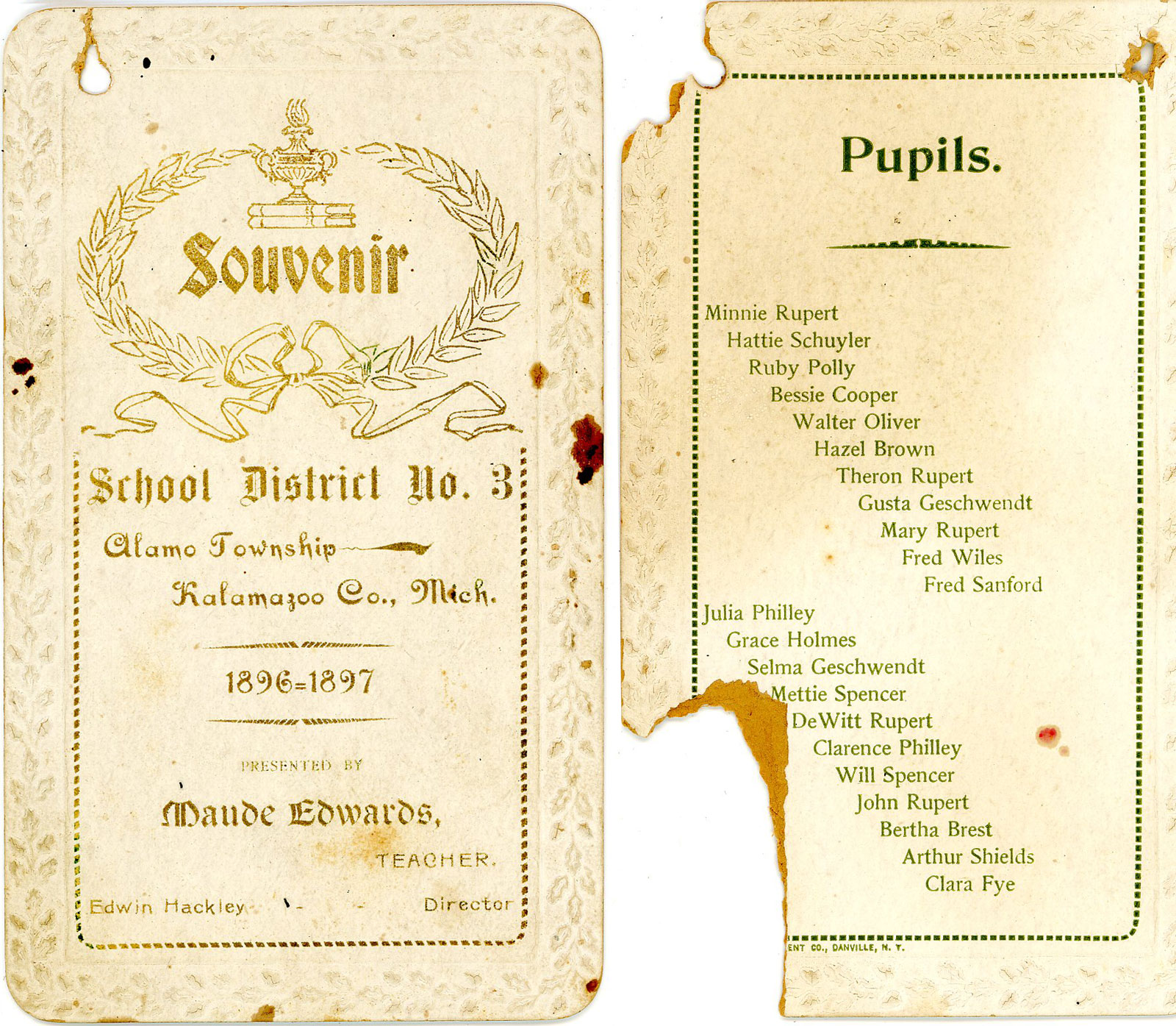Hackley School (Alamo Township) Souvenir 1898-99. 