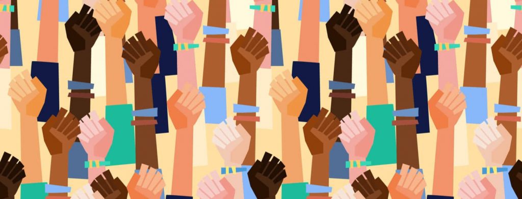 banner of multi-skin toned arms raised and hands holding each other