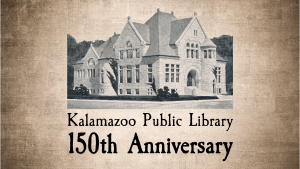 graphic of the architectural drawing of KPL and text 150th Anniversary