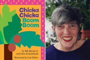 Photo of Author Lois Ehlert with the cover of the book Chicka Chicka Boom Boom
