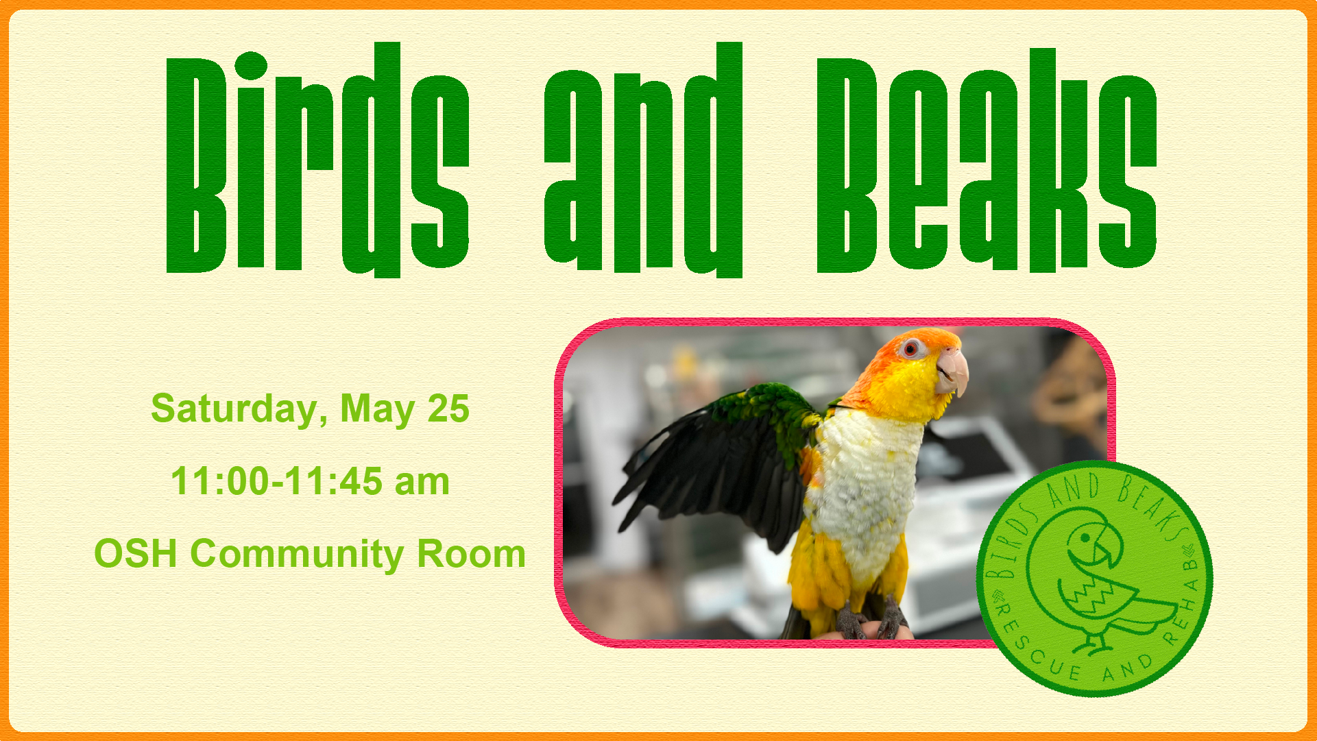 Birds and Beaks. Saturday May 25. 11:00-11:45. Oshtemo Community Room