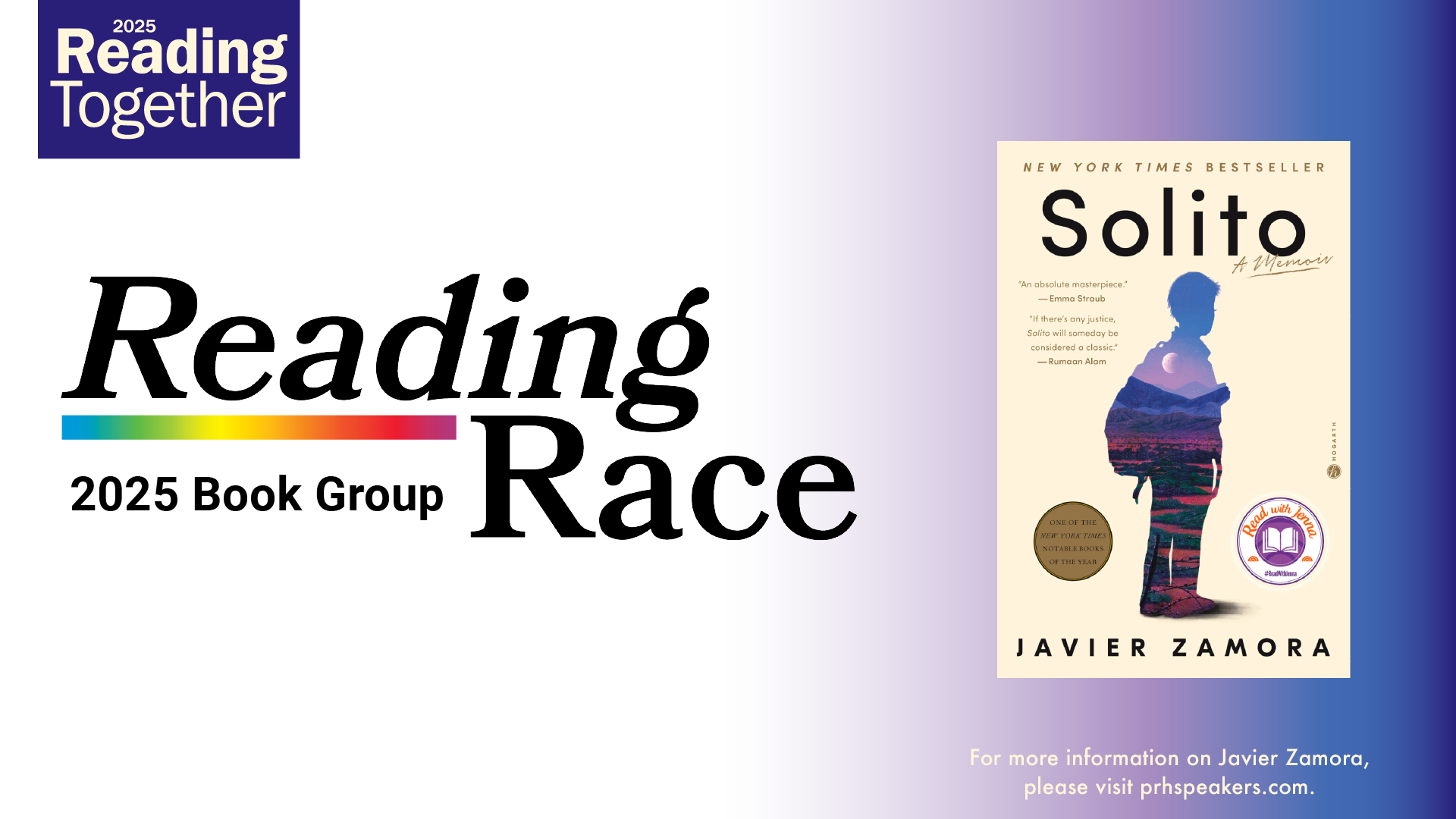 reading race book group. reading together 2025. solito by javier zamora.